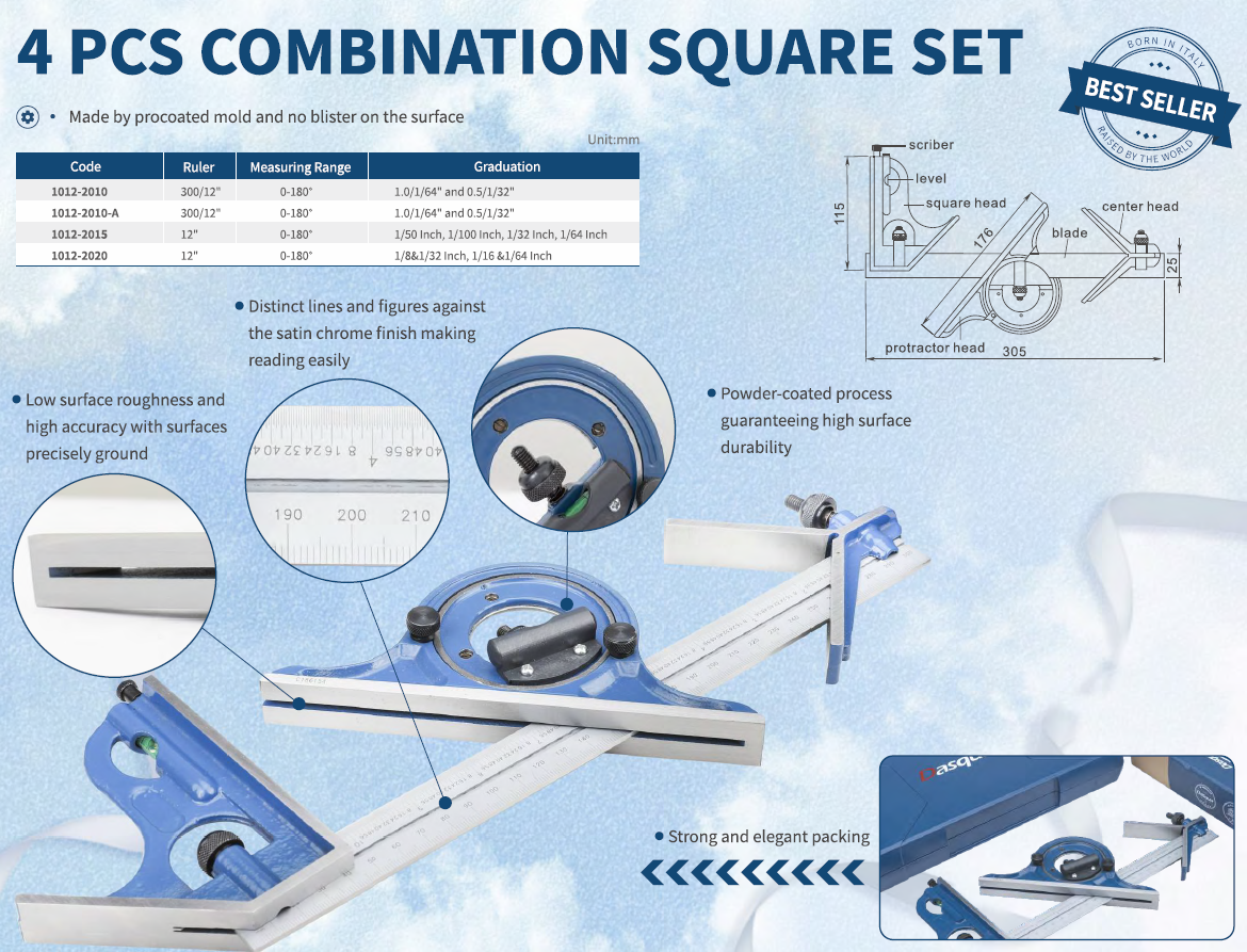 Kombine Açı Ölçer Gönye Seti